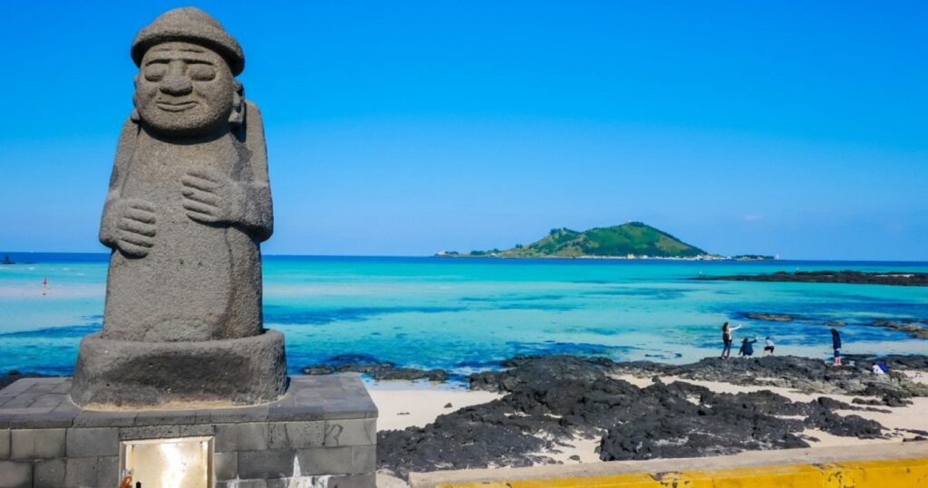 Stone Grandfather and the sea, Jeju Island, South Korea