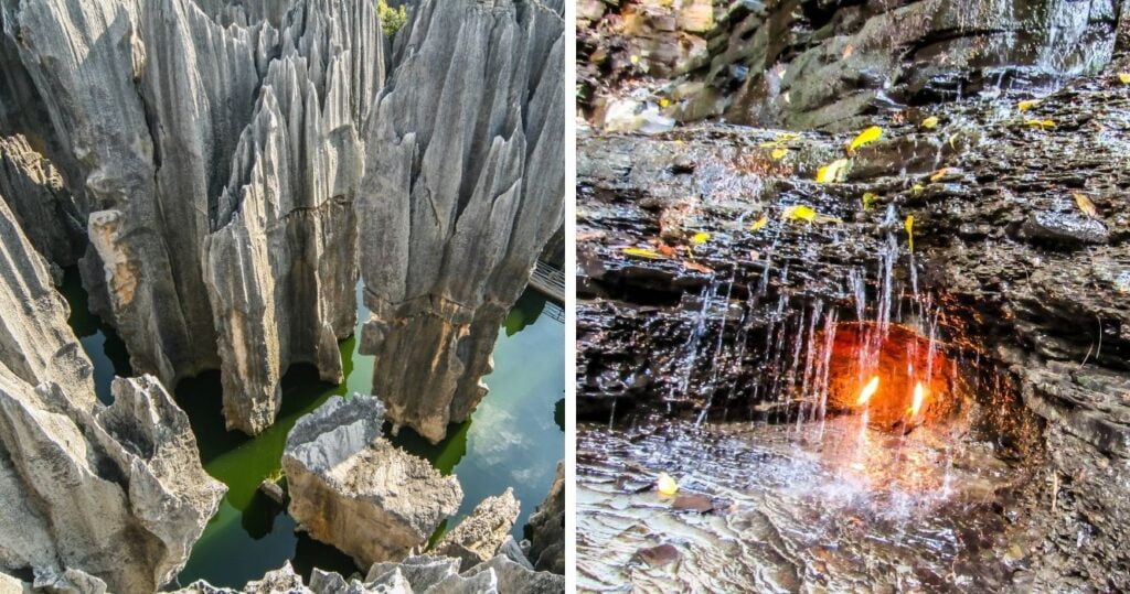 aerial view of the stone forest in china, the flame waterfall in new york