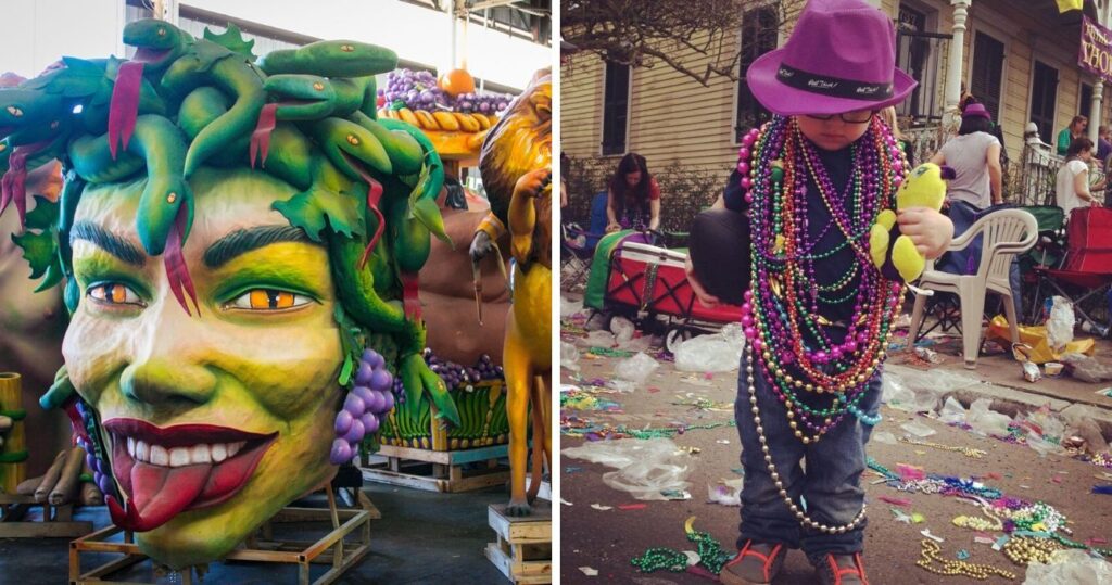 Parade float components in a warehouse/Child wearing many strands of Mardi Gras beads