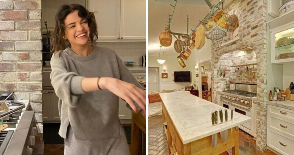 Selena Gomez cooking in her kitchen/Snapshot of Selena Gomez Studio City kitchen