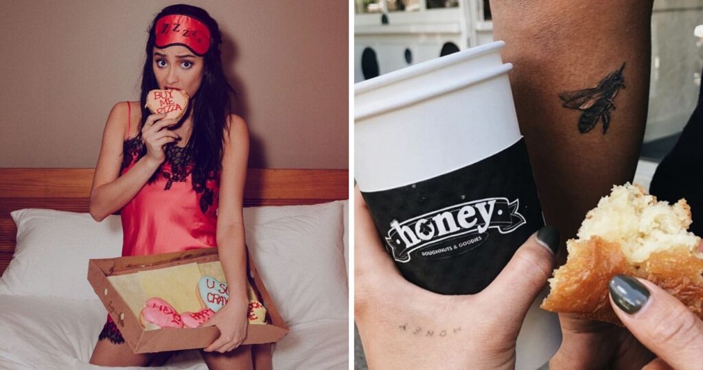 Shay Mitchell posing with donuts/Honey's coffee cup and donut