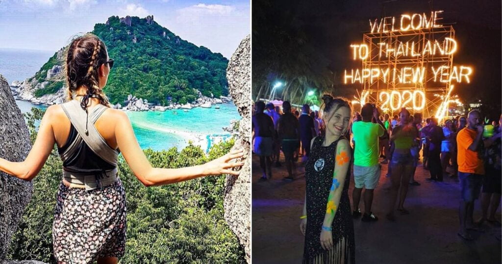 Female traveler poses at a viewpoint on Ko Tao/ neon sign at Full Moon Party in Thailand to celebrate New Year's Eve 2020