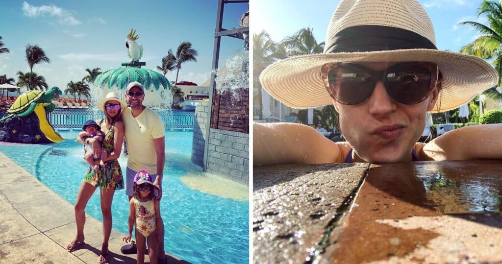 family-posing-by-resort-pool-woman-in-a-hat-in-pool