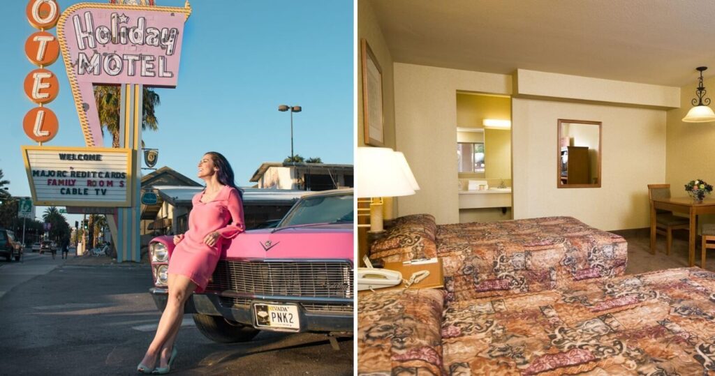 a girl stands next to a pink car in vegas, a cheap 2-star hotel room