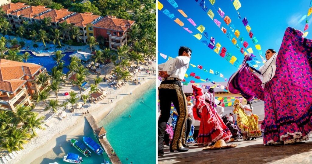 an aerial view of a beach in honduras, a traditional dance in mexico