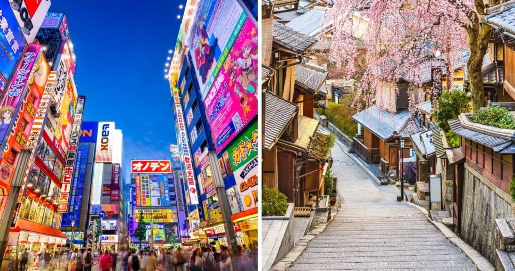 tokyo at night, a street lined with cherry blossoms in kyoto, japan