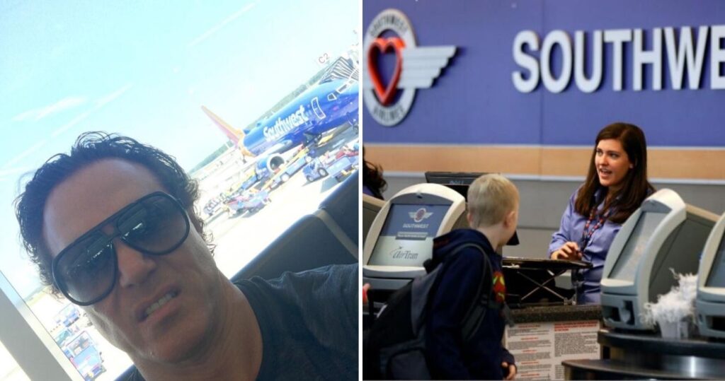 a man waits to board a southwest plane, an employee at the southwest check-in counter