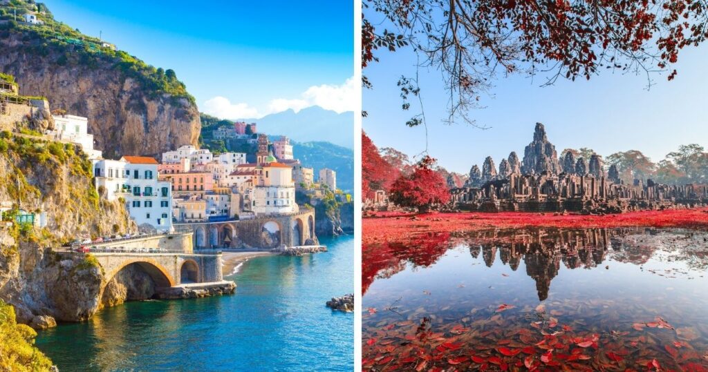 the italian coast, a temple in cambodia