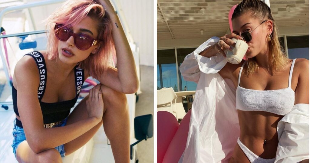 Hailey Baldwin Bieber with pink hair/Hailey drinking coffee in a white bikini