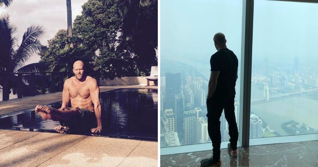 Jason Statham at a pool/Jason silhouetted in front of a window overlooking a city