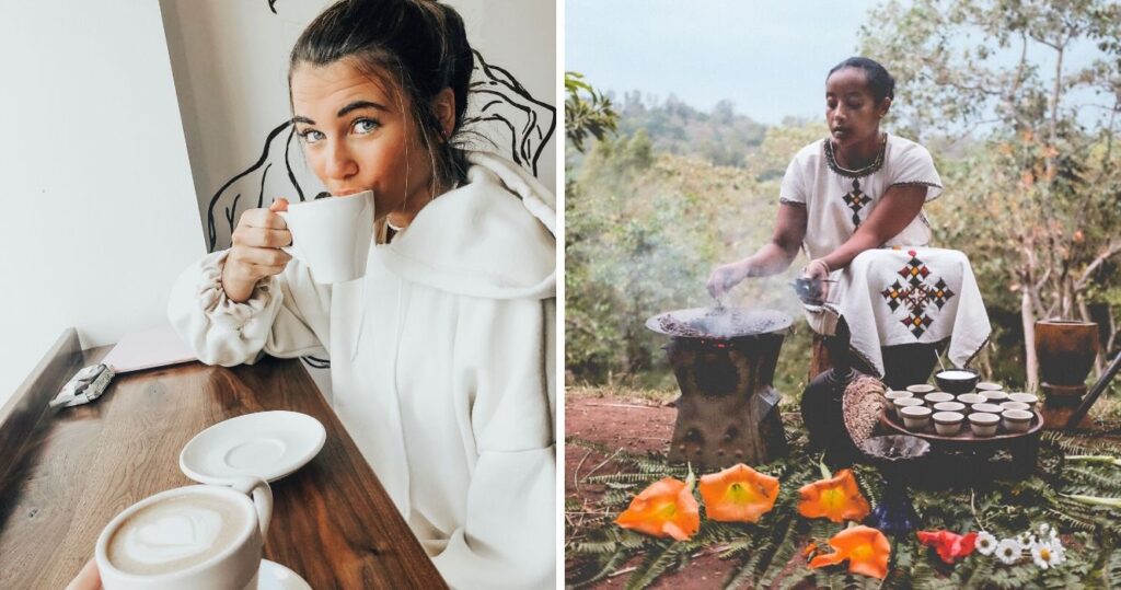 Woman drinking coffee at a table/Woman in Africa with coffee crop